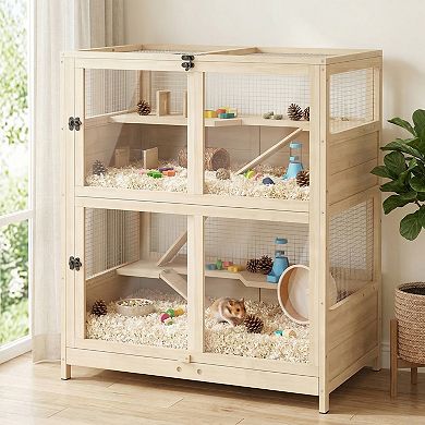 Wooden Hamster Cage, 4 Tier Small Animal Cage with Mesh Flip Roof