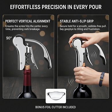Stainless Steel Vertical Wine Opener, Compact Corkscrew with Foil Cutter
