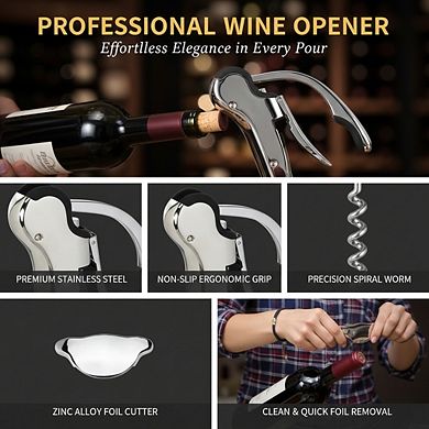 Stainless Steel Vertical Wine Opener, Compact Corkscrew with Foil Cutter
