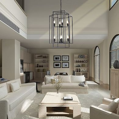 18" Modern 8-Light Black Geometric Pendant Chandelier Industrial Metal Frame, Adjustable Height