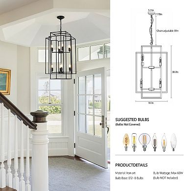 18" Modern 8-Light Black Geometric Pendant Chandelier Industrial Metal Frame, Adjustable Height