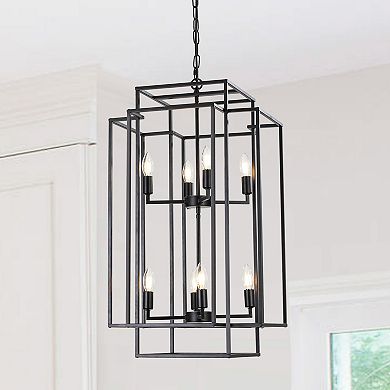 18" Modern 8-Light Black Geometric Pendant Chandelier Industrial Metal Frame, Adjustable Height