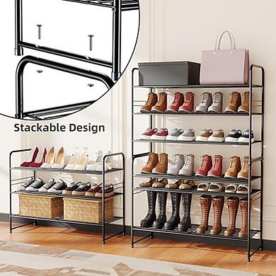 3 Tier Metal Shoe Rack Organizer Heavy Duty Stackable Black