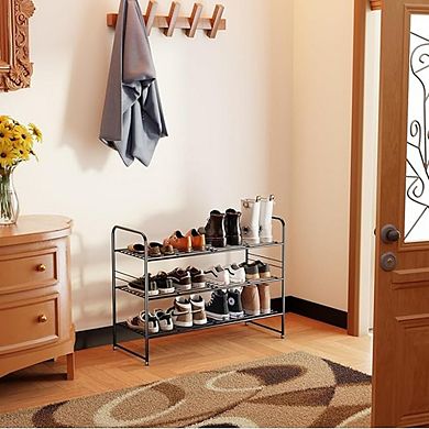 3 Tier Metal Shoe Rack Organizer Heavy Duty Stackable Black