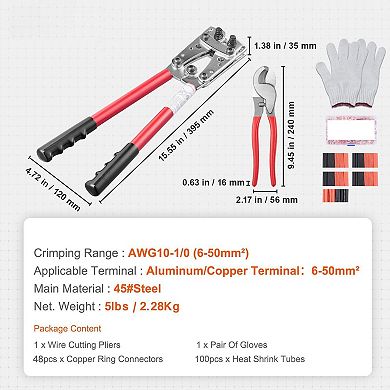 Battery Cable Lug Crimping Tool Kit with Connectors, Heat Shrink Tubes, and Gloves