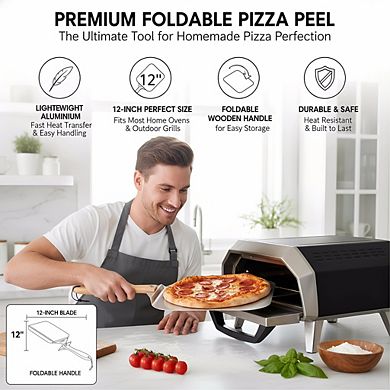 Aluminum Pizza Spatula 12 Inch, Foldable Wood Handle Paddle for Easy Storage Baking