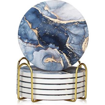 Navy Blue Marble Coasters 6 pc with Holder, Absorbent Home Decor Gift