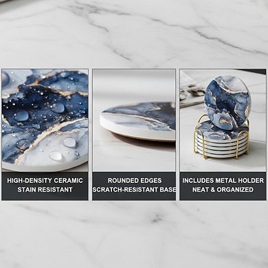 Navy Blue Marble Coasters 6pc with Holder, Absorbent Home Decor Gift