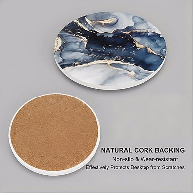 Navy Blue Marble Coasters 6pc with Holder, Absorbent Home Decor Gift