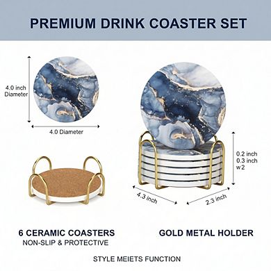 Navy Blue Marble Coasters 6pc with Holder, Absorbent Home Decor Gift