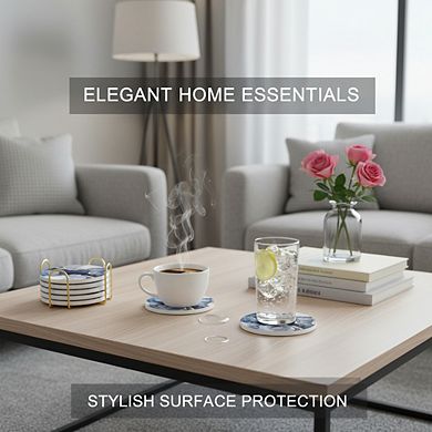 Navy Blue Marble Coasters 6pc with Holder, Absorbent Home Decor Gift