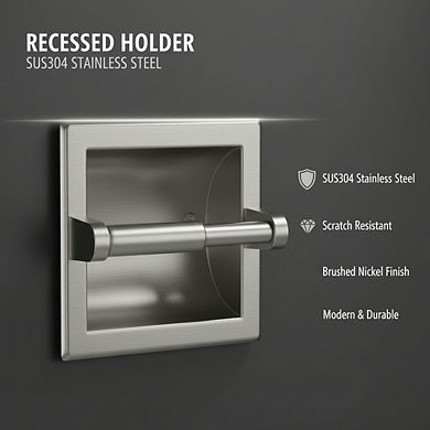 Wall Mount Recessed Toilet Tissue Dispenser, Brushed Nickel Stainless Steel with Rear Bracket