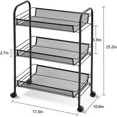 3 Tier Rolling Metal Storage Cart with Wheels Bathroom Organizer, Black