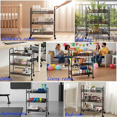 3 Tier Rolling Metal Storage Cart with Wheels Bathroom Organizer, Black