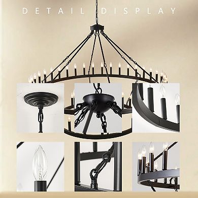 Rustic Farmhouse 60-Inch 54-Light Matte Black 2-Tier Wagon Wheel Chandelier