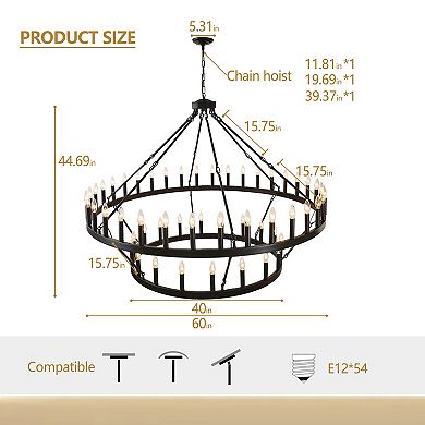Rustic Farmhouse 60-Inch 54-Light Matte Black 2-Tier Wagon Wheel Chandelier
