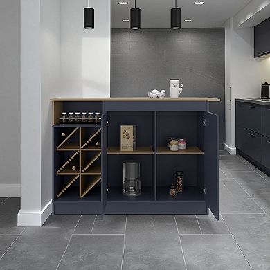 Lugano Kitchen Island with Open Shelves, Side Compartments For Bottles, Spacious Storage.