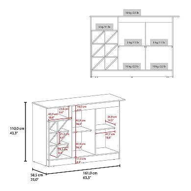 Lugano Kitchen Island with Open Shelves, Side Compartments For Bottles, Spacious Storage.