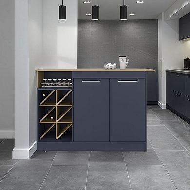 Lugano Kitchen Island with Open Shelves, Side Compartments For Bottles, Spacious Storage.