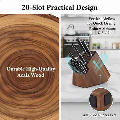 Acacia Wood 20-Slot Universal Knife Block, Countertop Storage without Knives