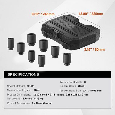 Axle Nut Impact Socket Set, Drive 8 Sizes for Wheel Service