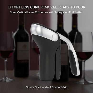 Steel Vertical Lever Corkscrew with Removable Foil Cutter, Smooth Wine Opener