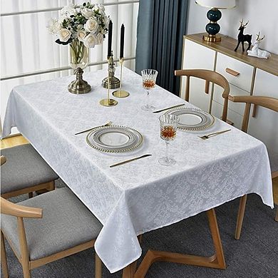 White Jacquard Tablecloth, Spillproof, Wrinkle-Resistant, Polyester
