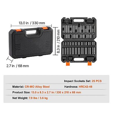 Alloy Steel Impact Socket Set 25-Piece with Carrying Case for Garage Tools