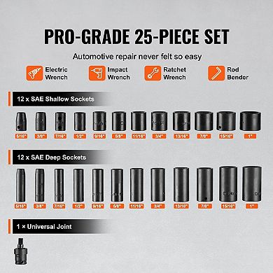 Alloy Steel Impact Socket Set 25-Piece with Carrying Case for Garage Tools