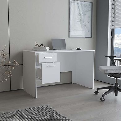 Mellier Modern Office Desk with Two Drawers and Side Storage, Compact Computer Workstation.