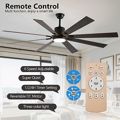 72" Walnut LED Ceiling Fan with Light 8 Wooden Blades, Remote Control, Dimmable Color Temp