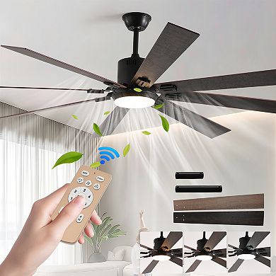 72" Walnut LED Ceiling Fan with Light 8 Wooden Blades, Remote Control, Dimmable Color Temp