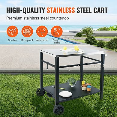 VEVOR Outdoor Grill Dining Cart, Stainless Steel Prep Table with Double Shelf, Wheels & Handle