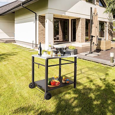 VEVOR Outdoor Grill Dining Cart, Stainless Steel Prep Table with Double Shelf, Wheels & Handle
