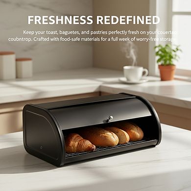 Stainless Steel Roll Top Bread Box 17.5", Matte Black Kitchen Counter Storage