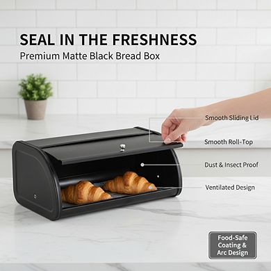 Stainless Steel Roll Top Bread Box 17.5", Matte Black Kitchen Counter Storage
