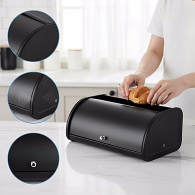 Stainless Steel Roll Top Bread Box 17.5", Matte Black Kitchen Counter Storage