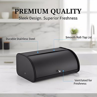 Stainless Steel Roll Top Bread Box 17.5", Matte Black Kitchen Counter Storage
