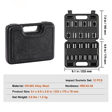 Drive SAE Impact Socket Set, 12-Piece Cr-Mo Alloy Steel with Metal Case