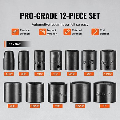 Drive SAE Impact Socket Set, 12-Piece Cr-Mo Alloy Steel with Metal Case