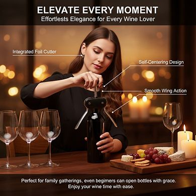 Winged Corkscrew Steel, with Removable Foil Cutter for Easy Wine Opening