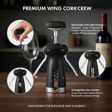 Winged Corkscrew Steel, with Removable Foil Cutter for Easy Wine Opening