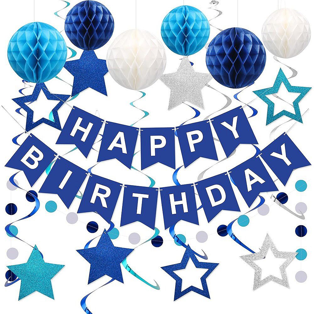 Blue Happy Birthday Party Decorations Set with Banner Honeycomb Balls ...