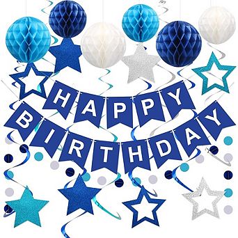 Blue Happy Birthday Party Decorations Set with Banner Honeycomb Balls and Streamers