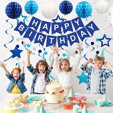Blue Happy Birthday Party Decorations Set with Banner Honeycomb Balls and Streamers