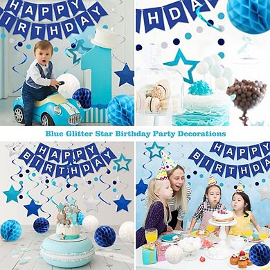 Blue Happy Birthday Party Decorations Set with Banner Honeycomb Balls and Streamers