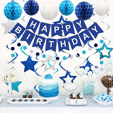 Blue Happy Birthday Party Decorations Set with Banner Honeycomb Balls and Streamers
