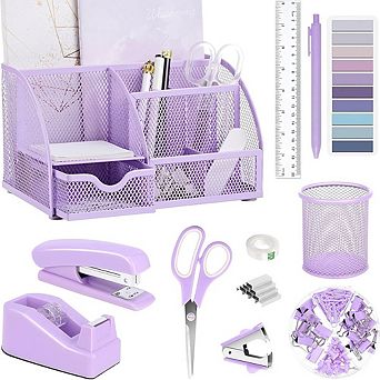 Purple Desk Accessories Set with Stapler, Tape Dispenser, Pen Holder and Office Supplies
