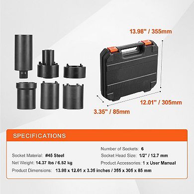 Spindle Nut Socket Set for Axle and Hub Repair, 6 Sizes with Storage Case