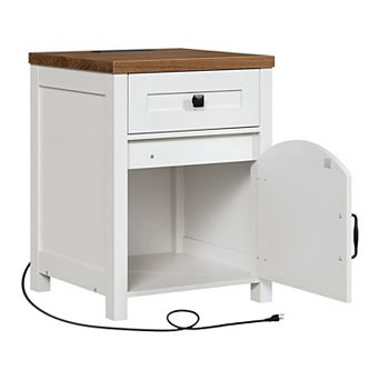 Farmhouse End Table with Built-In Charging Station, Drawer and Single-Door Cabinet